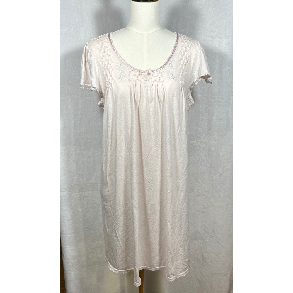 Miss Elaine Pink Smocked Tricot Nightgown Womens L Cap Sleeve Feminine Modest